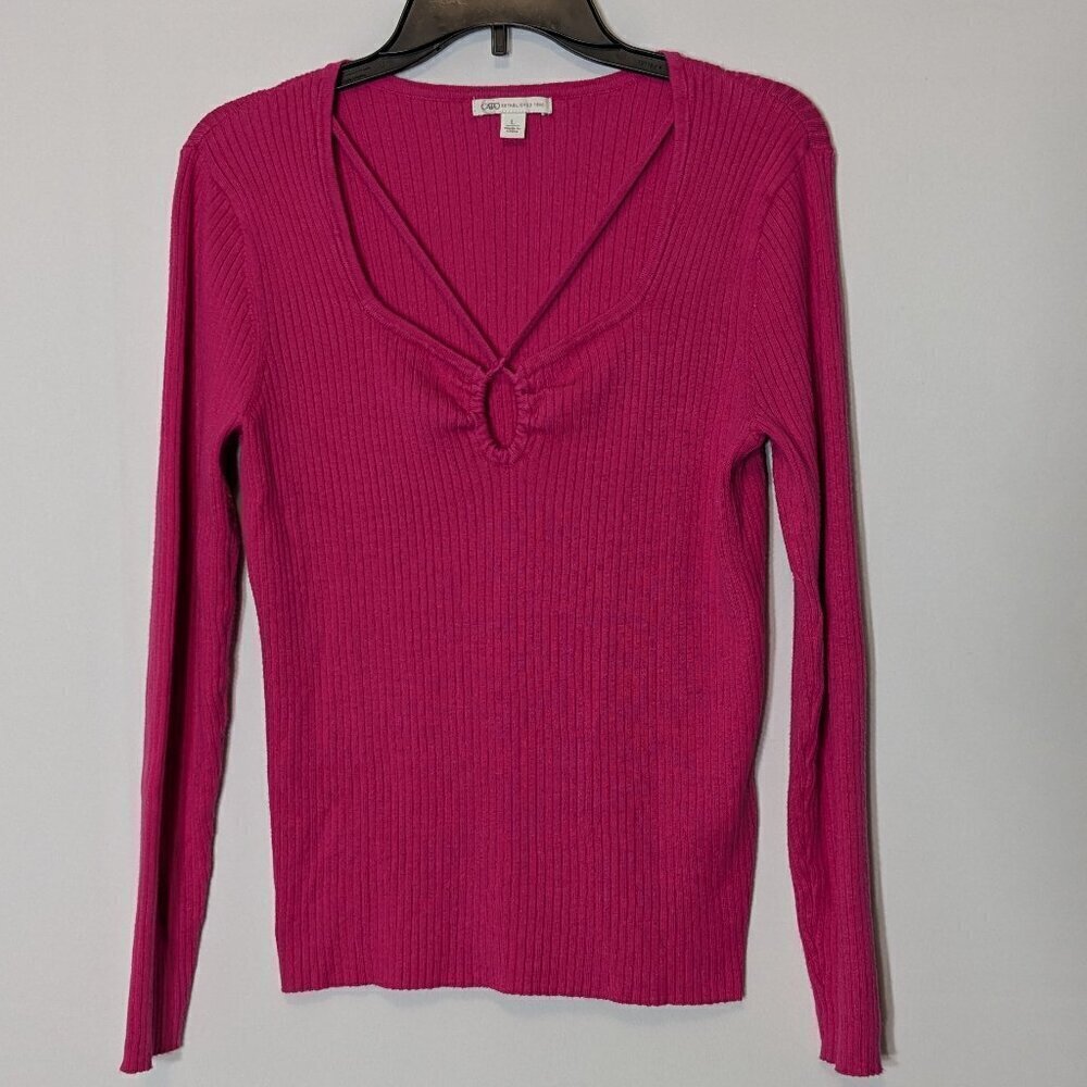 CATO Pink Stretch Rib Knit, Long Sleeve, Slim Fit V-Neck Top; Size L
